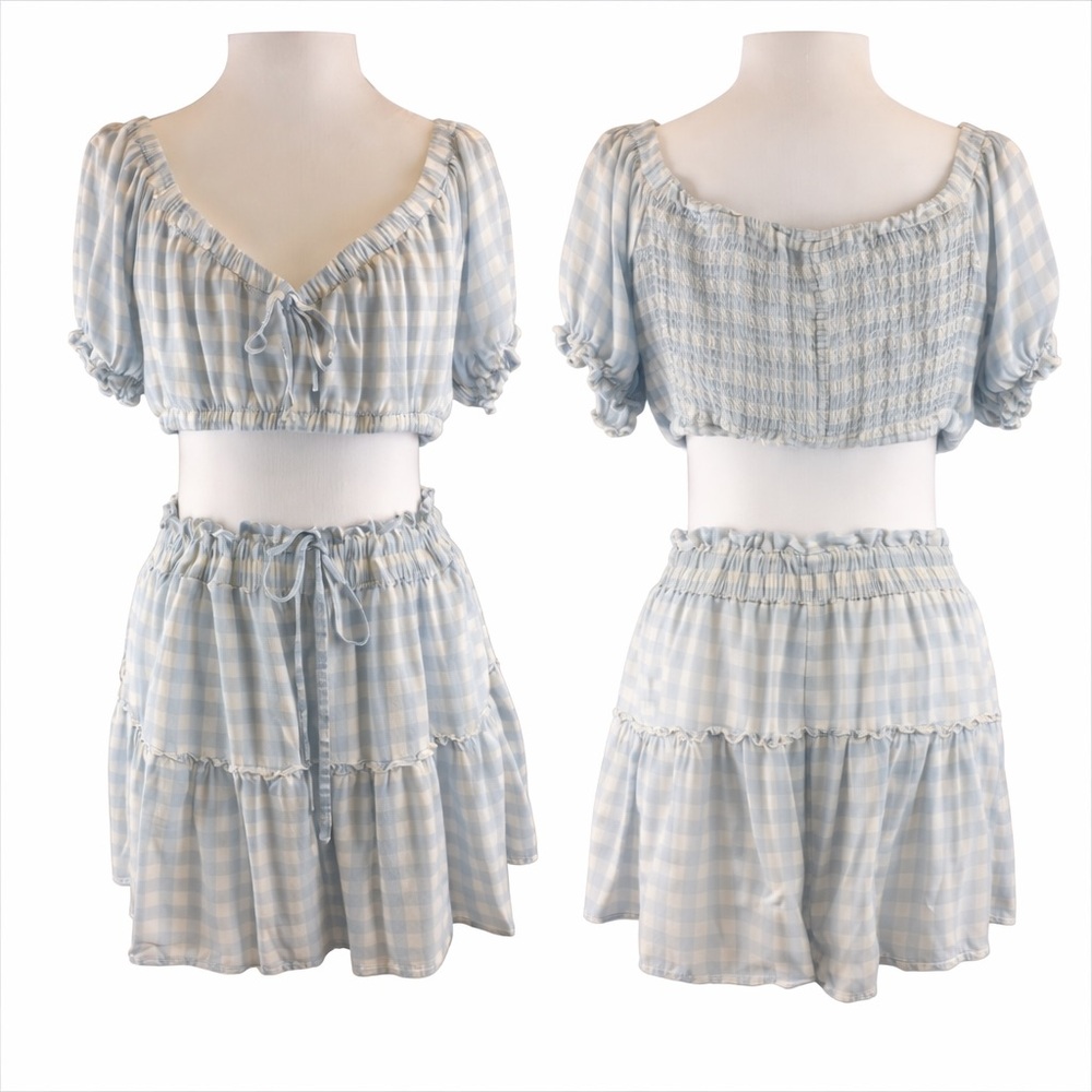 Aéropostale Blue Gingham Smocked Shorts Set XL Puff Sleeve Cottagecore 2pc